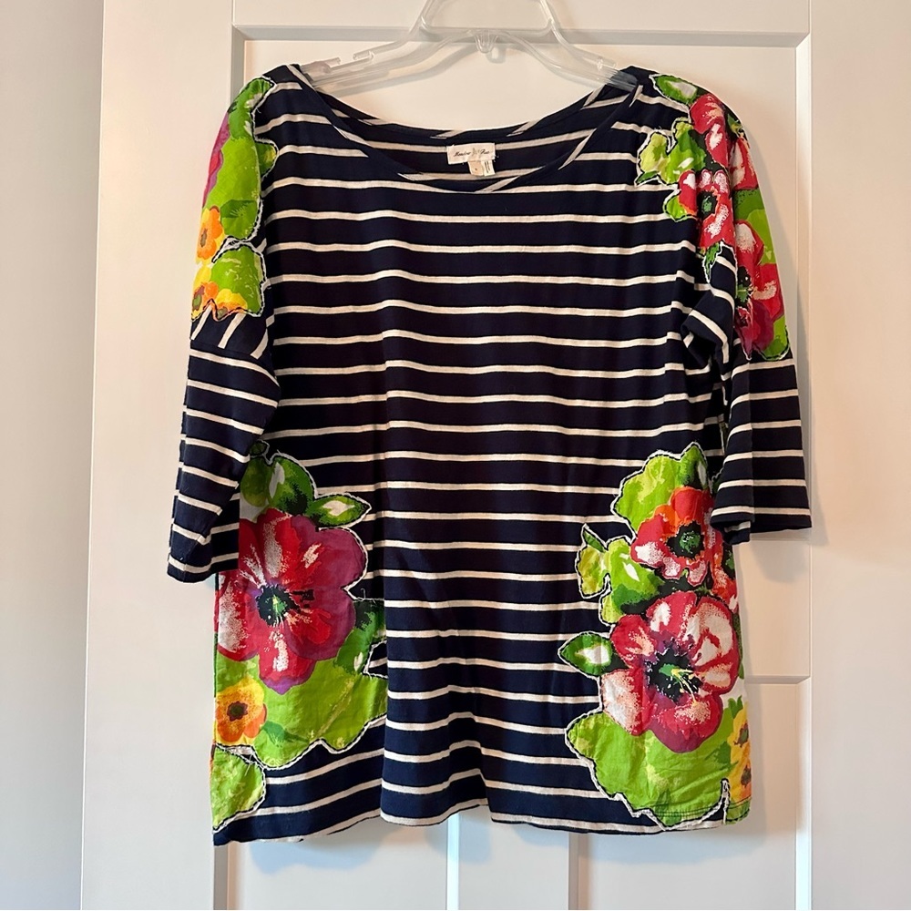 Meadow Rue Navy & White Striped Boat Neck Top Size Large